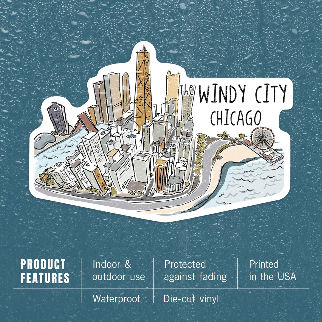 The Windy City, Chicago, Illinois, Cityscape, Line Drawing, Contour, Vinyl Sticker Sticker Lantern Press 