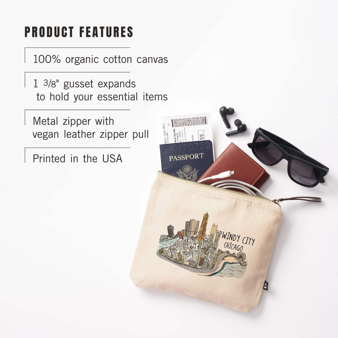 The Windy City, Chicago, Illinois, Cityscape, Line Drawing,, Organic Cotton Zipper Pouch, Go Bag Go Bag Lantern Press 