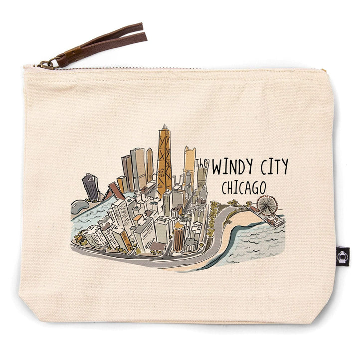 The Windy City, Chicago, Illinois, Cityscape, Line Drawing,, Organic Cotton Zipper Pouch, Go Bag Go Bag Lantern Press 