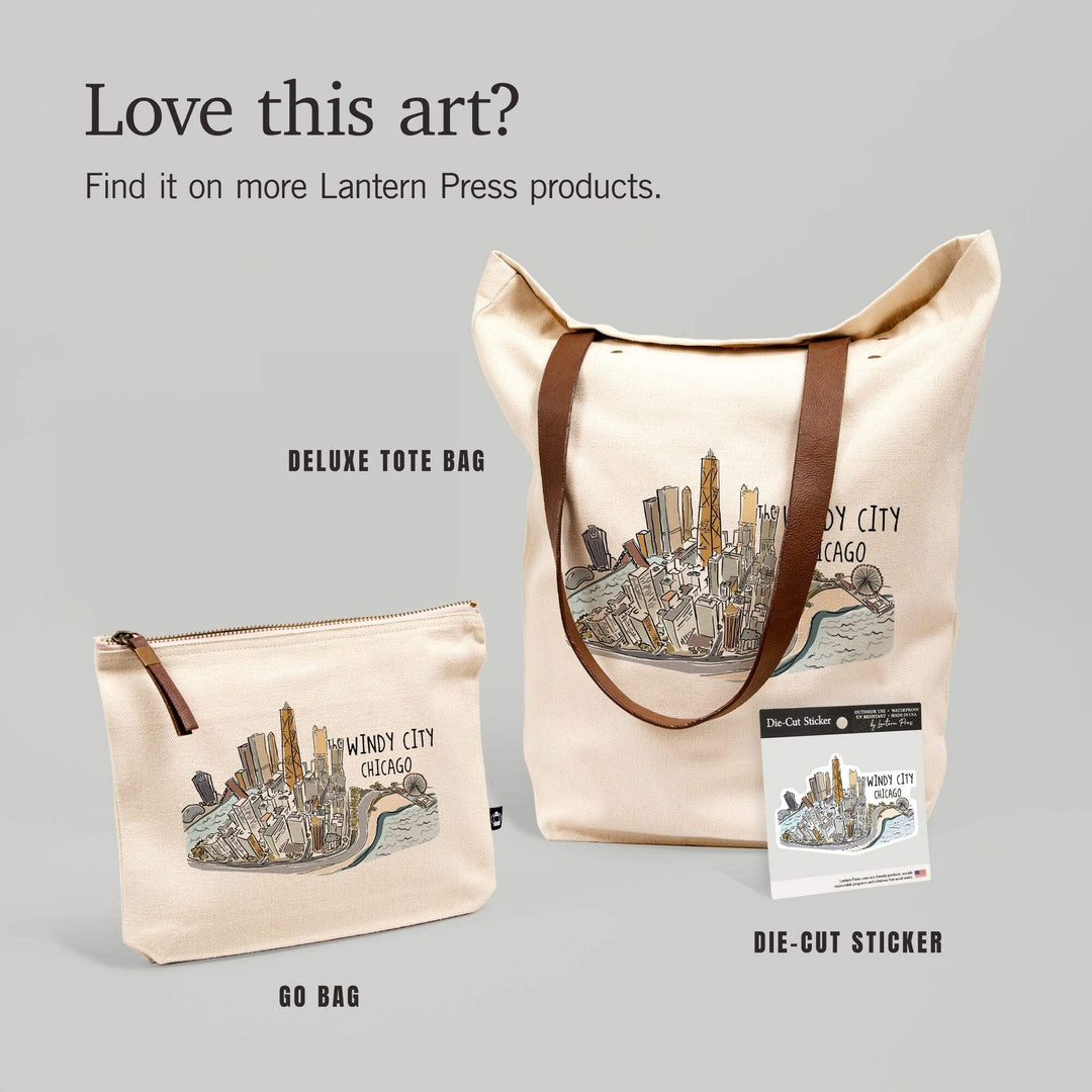 The Windy City, Chicago, Illinois, Cityscape, Line Drawing,, Organic Cotton Zipper Pouch, Go Bag Go Bag Lantern Press 