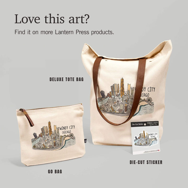 The Windy City, Chicago, Illinois, Cityscape, Line Drawing,, Organic Cotton Zipper Pouch, Go Bag Go Bag Lantern Press 