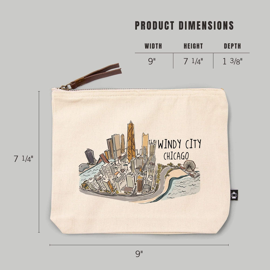The Windy City, Chicago, Illinois, Cityscape, Line Drawing,, Organic Cotton Zipper Pouch, Go Bag Go Bag Lantern Press 