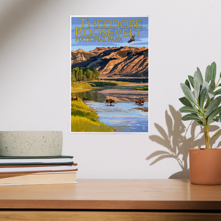 Theodore Roosevelt National Park, North Dakota, Bison Crossing River, Art & Giclee Prints Art Lantern Press 