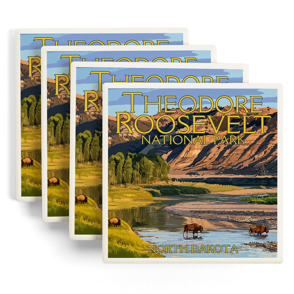 Theodore Roosevelt National Park, North Dakota, Bison Crossing River, Coasters Coasters Lantern Press 