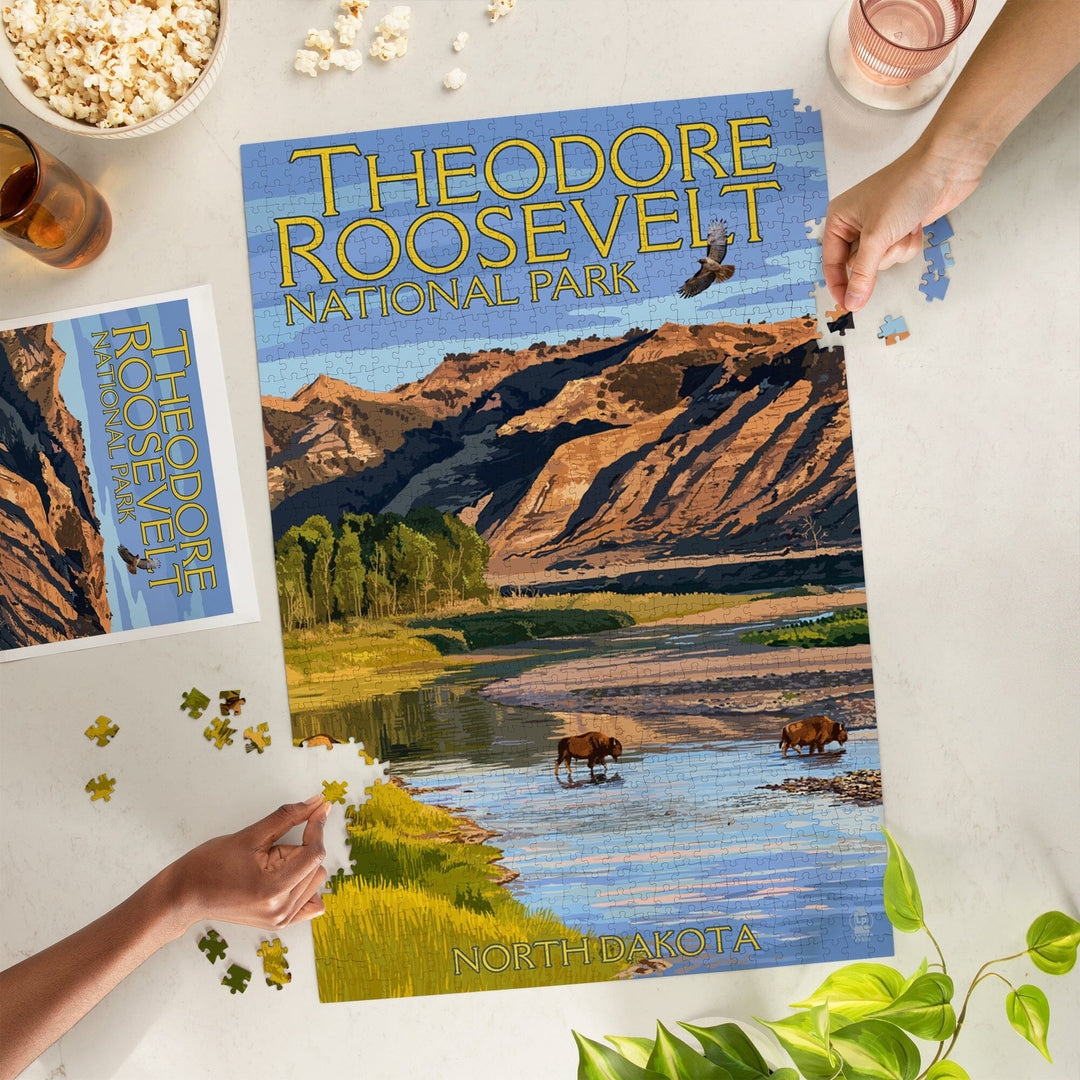 Theodore Roosevelt National Park, North Dakota, Bison Crossing River, Jigsaw Puzzle Puzzle Lantern Press 