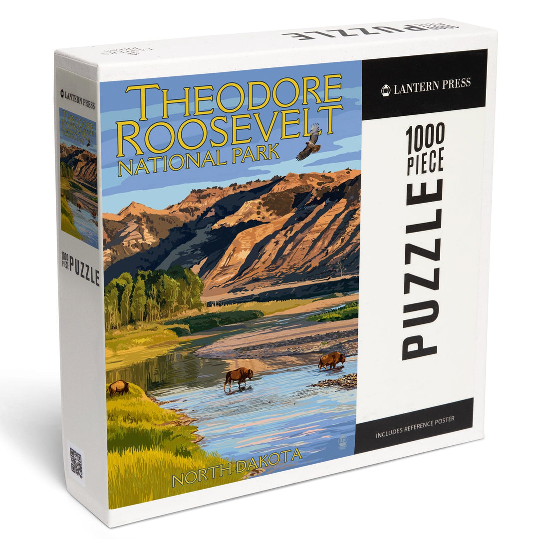 Theodore Roosevelt National Park, North Dakota, Bison Crossing River, Jigsaw Puzzle Puzzle Lantern Press 