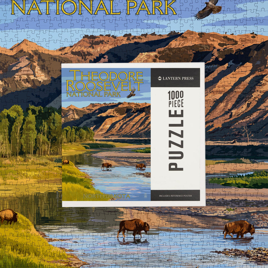 Theodore Roosevelt National Park, North Dakota, Bison Crossing River, Jigsaw Puzzle Puzzle Lantern Press 