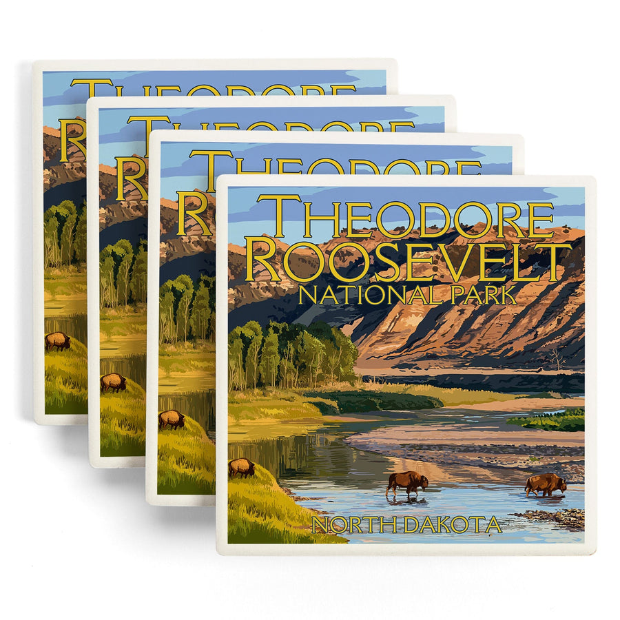 Theodore Roosevelt National Park, North Dakota, Bison Crossing River, Lantern Press Artwork, Coaster Set Coasters Lantern Press 