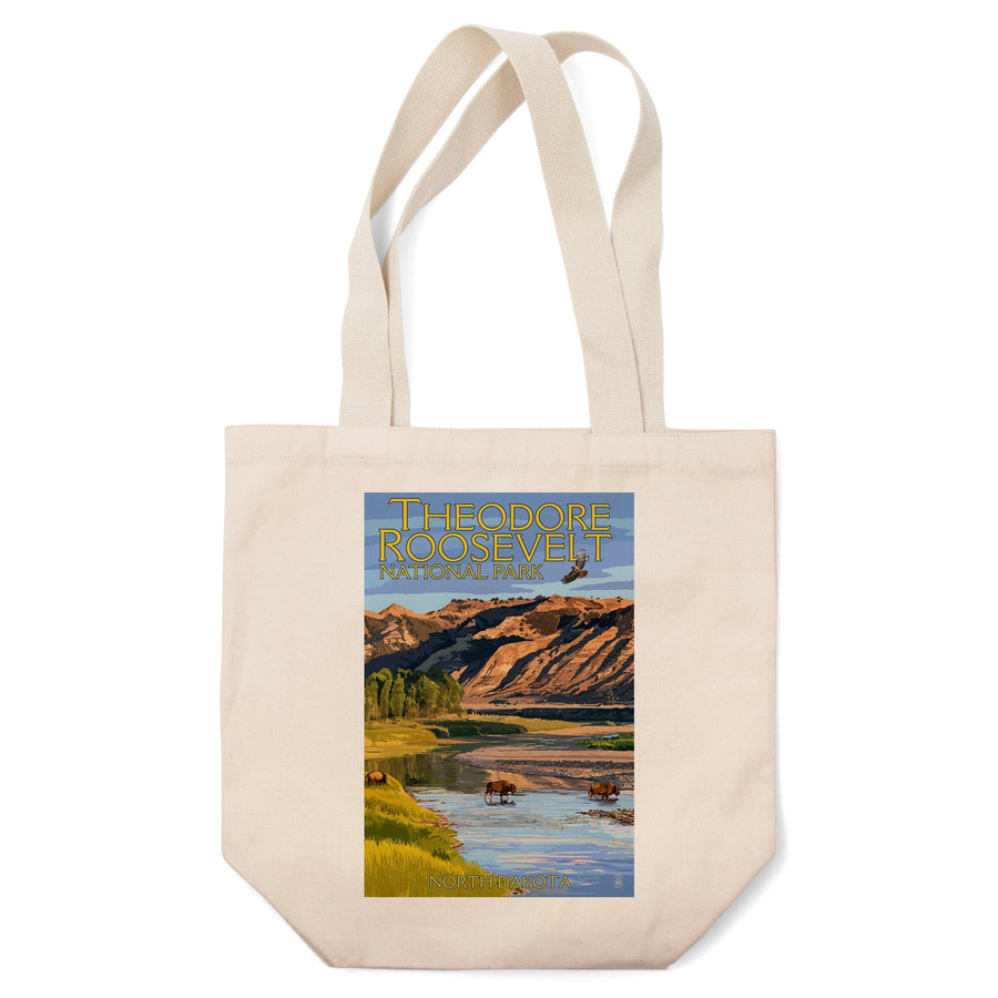 Theodore Roosevelt National Park, North Dakota, Bison Crossing River, Lantern Press Artwork, Tote Bag Totes Lantern Press 