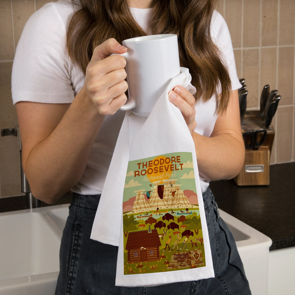Theodore Roosevelt National Park, North Dakota, Geometric National Park Series, Organic Cotton Kitchen Tea Towels Kitchen Lantern Press 