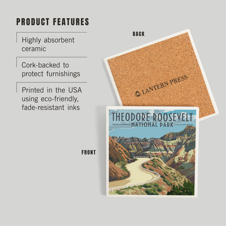 Theodore Roosevelt National Park, North Dakota, Road Scene, Coasters Coasters Lantern Press 