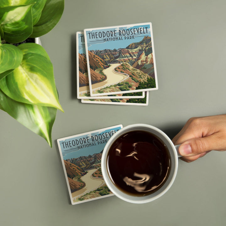 Theodore Roosevelt National Park, North Dakota, Road Scene, Coasters Coasters Lantern Press 