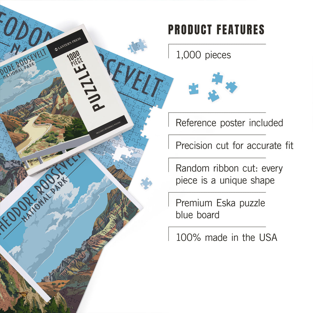 Theodore Roosevelt National Park, North Dakota, Road Scene, Jigsaw Puzzle Puzzle Lantern Press 