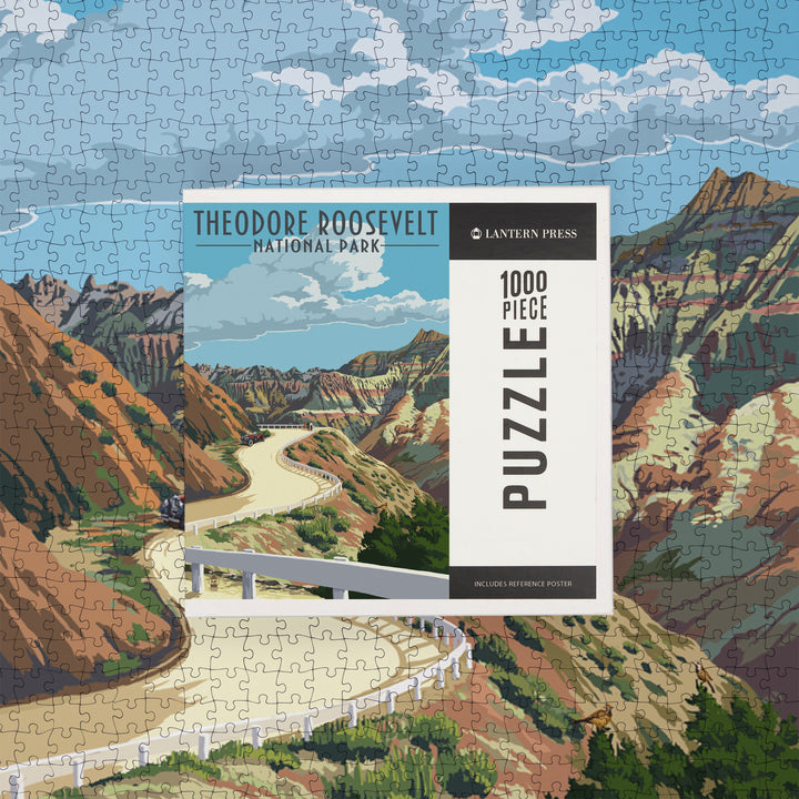 Theodore Roosevelt National Park, North Dakota, Road Scene, Jigsaw Puzzle Puzzle Lantern Press 