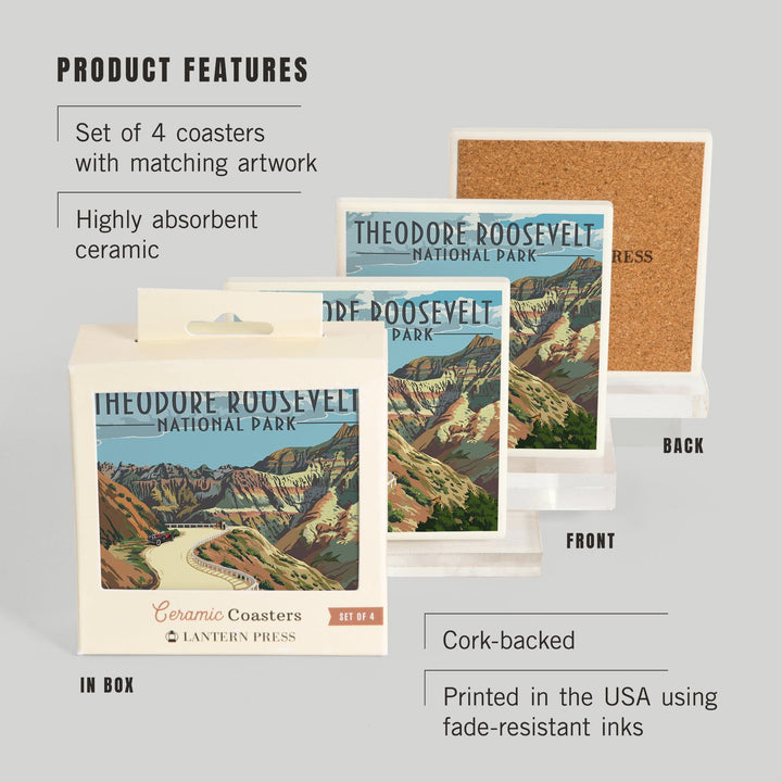 Theodore Roosevelt National Park, North Dakota, Road Scene, Lantern Press Artwork, Coaster Set Coasters Lantern Press 