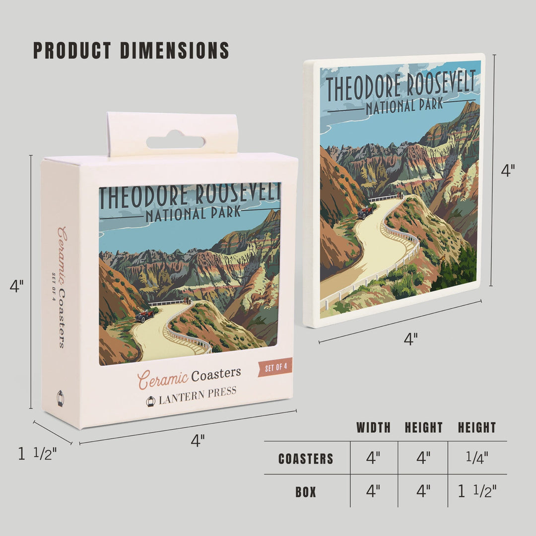 Theodore Roosevelt National Park, North Dakota, Road Scene, Lantern Press Artwork, Coaster Set Coasters Lantern Press 