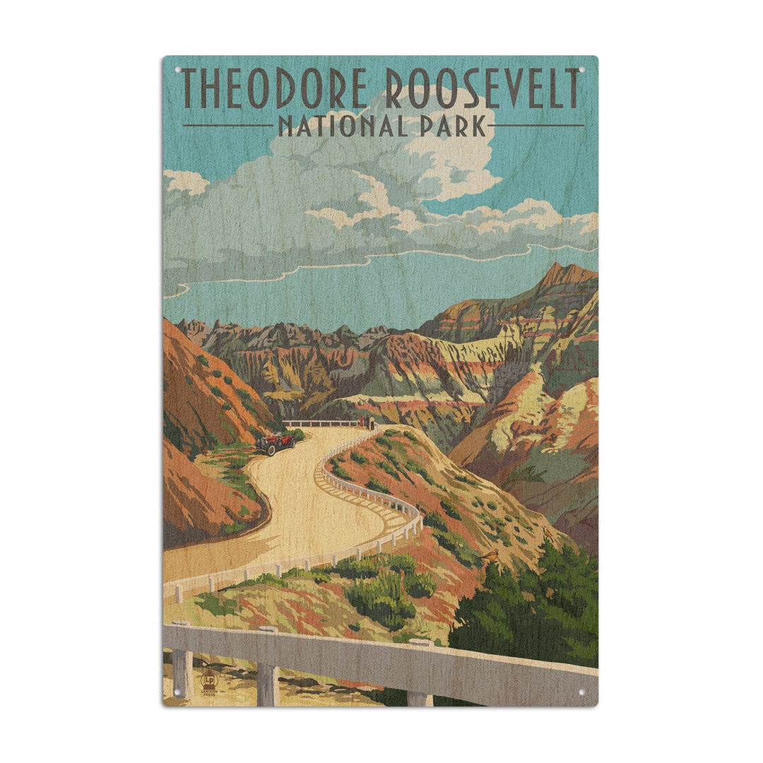 Theodore Roosevelt National Park, North Dakota, Road Scene, Lantern Press Artwork, Wood Signs and Postcards Wood Lantern Press 10 x 15 Wood Sign 