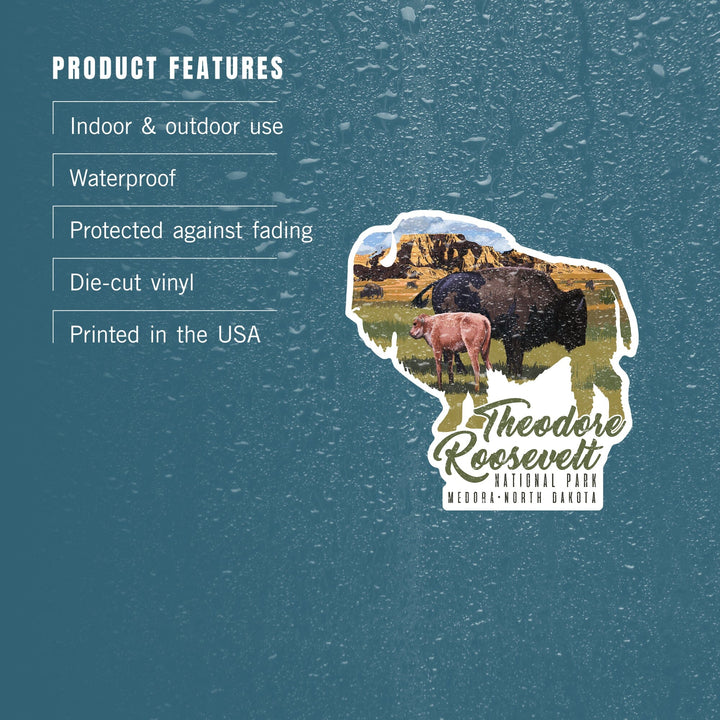Theodore Roosevelt NP, North Dakota, Bison and Calf, Contour, Lantern Press Artwork, Vinyl Sticker Sticker Lantern Press 