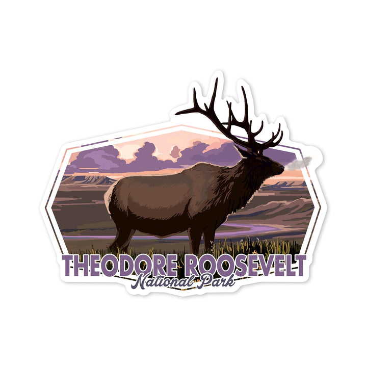 Theodore Roosevelt NP, North Dakota, Elk and Sunset, Contour, Vinyl Sticker Sticker Lantern Press 