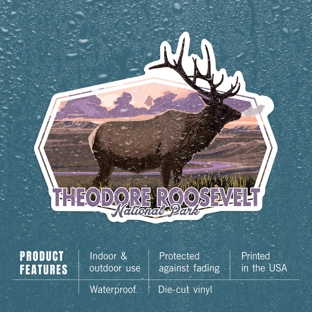 Theodore Roosevelt NP, North Dakota, Elk and Sunset, Contour, Vinyl Sticker Sticker Lantern Press 