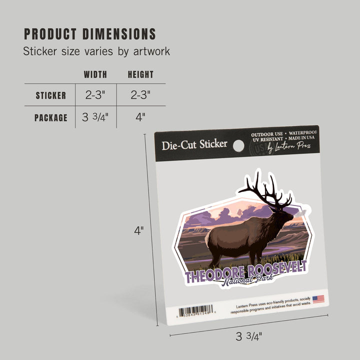 Theodore Roosevelt NP, North Dakota, Elk and Sunset, Contour, Vinyl Sticker Sticker Lantern Press 