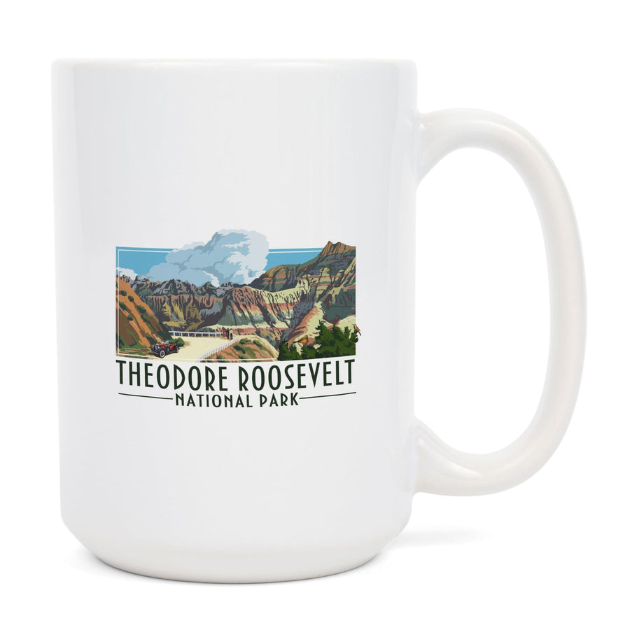 Theodore Roosevelt NP, North Dakota, Road Scene, Alt Contour, Lantern Press Artwork, Ceramic Mug Mugs Lantern Press 