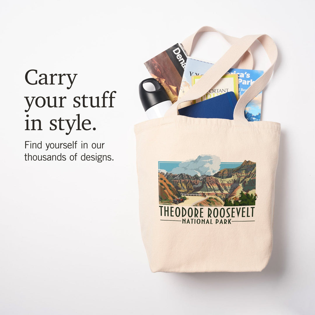 Theodore Roosevelt NP, North Dakota, Road Scene, Alt Contour, Lantern Press Artwork, Tote Bag Totes Lantern Press 