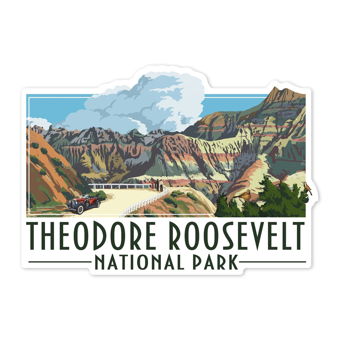 Theodore Roosevelt NP, North Dakota, Road Scene, Alt Contour, Lantern Press Artwork, Vinyl Sticker Sticker Lantern Press 