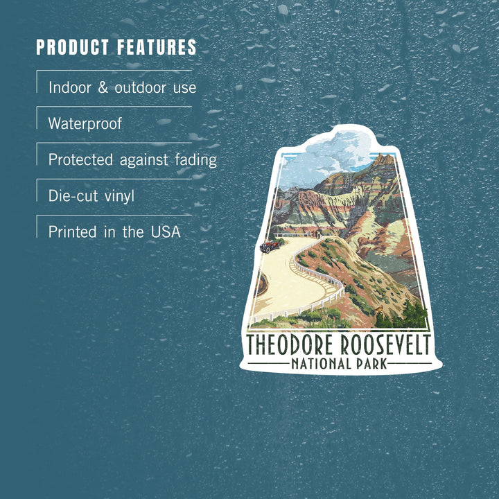 Theodore Roosevelt NP, North Dakota, Road Scene, Contour, Lantern Press Artwork, Vinyl Sticker Sticker Lantern Press 