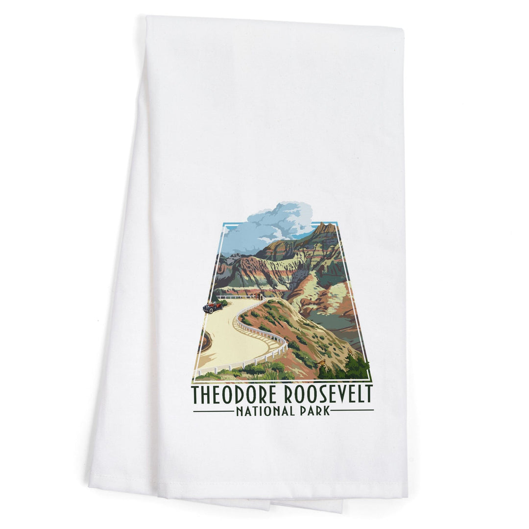 Theodore Roosevelt NP, North Dakota, Road Scene, Contour, Organic Cotton Kitchen Tea Towels Kitchen Lantern Press 