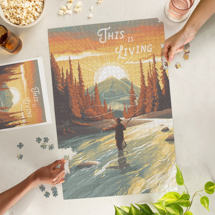 This is Living, Fishing with Mountain, Jigsaw Puzzle Puzzle Lantern Press 