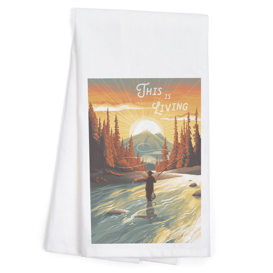 This is Living, Fishing with Mountain, Organic Cotton Kitchen Tea Towels Kitchen Lantern Press 