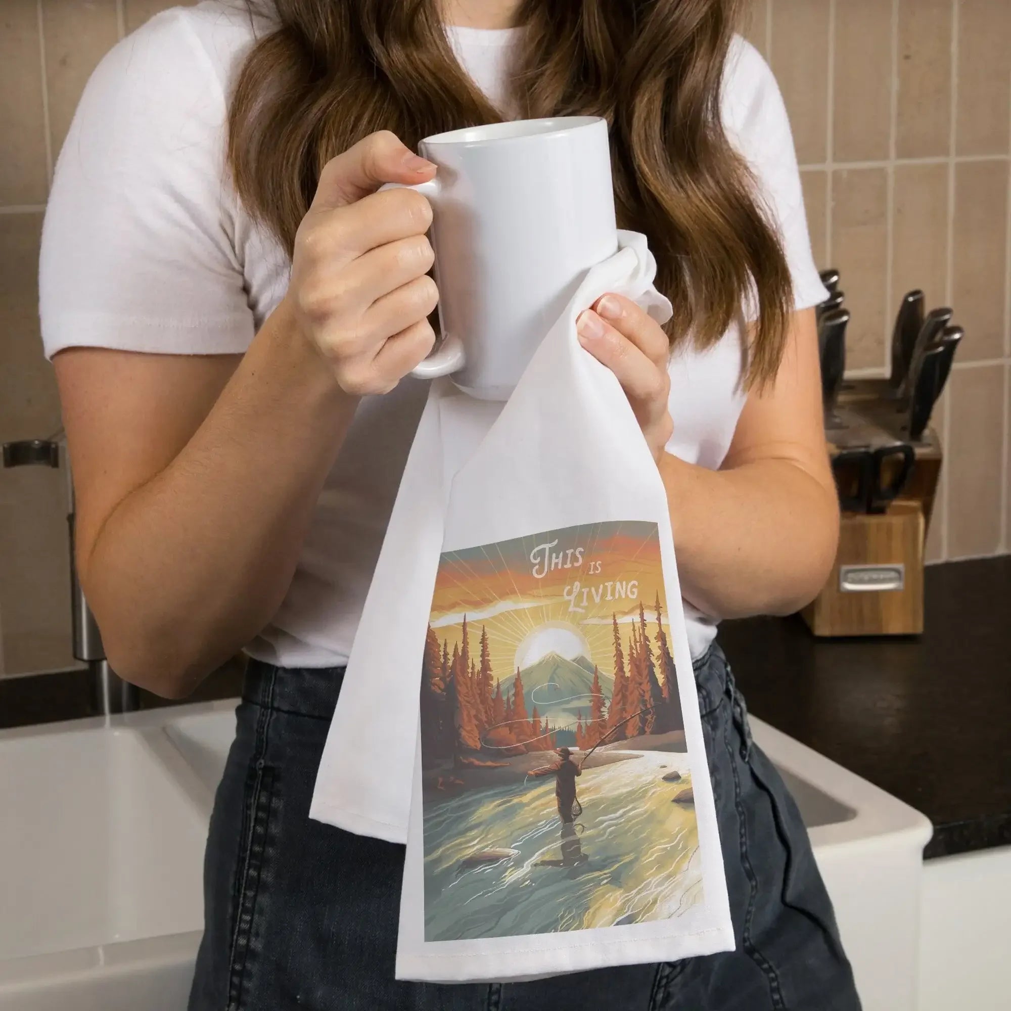 Lantern Press Oregon This is Living Fishing with Mountain Kitchen Tea Towel - Thumbnail 4