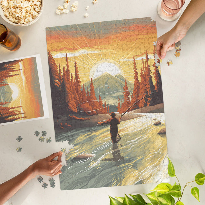 This is Living, Fly Fishing with Mountain, Jigsaw Puzzle Puzzle Lantern Press 