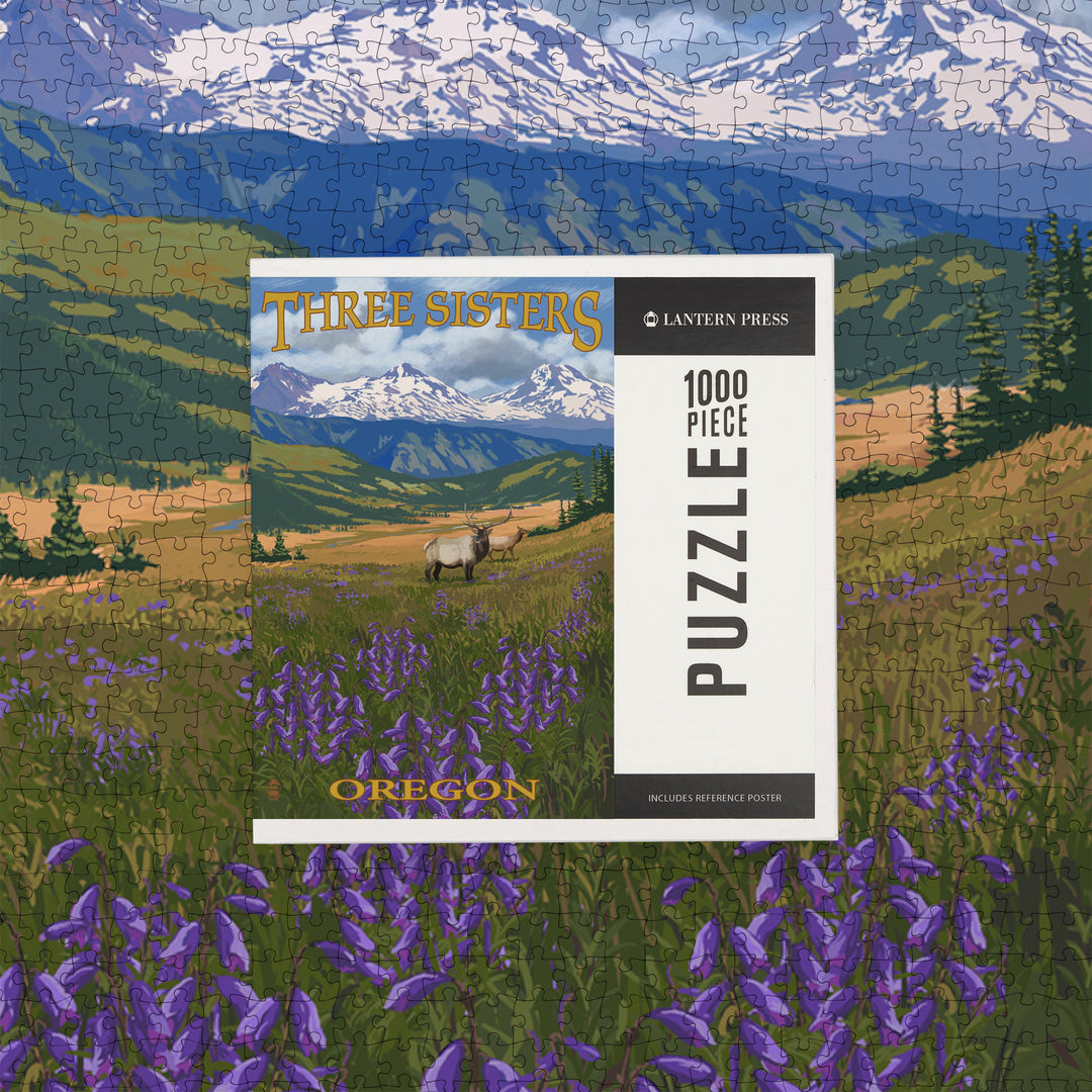 Three Sisters, Oregon, Elk and Flowers, Jigsaw Puzzle Puzzle Lantern Press 