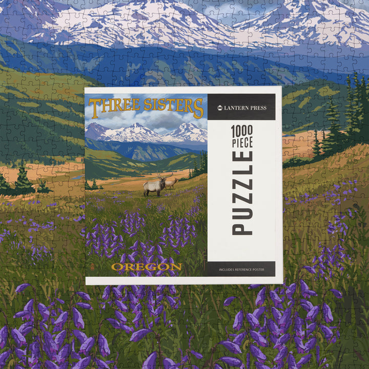 Three Sisters, Oregon, Elk and Flowers, Jigsaw Puzzle Puzzle Lantern Press 
