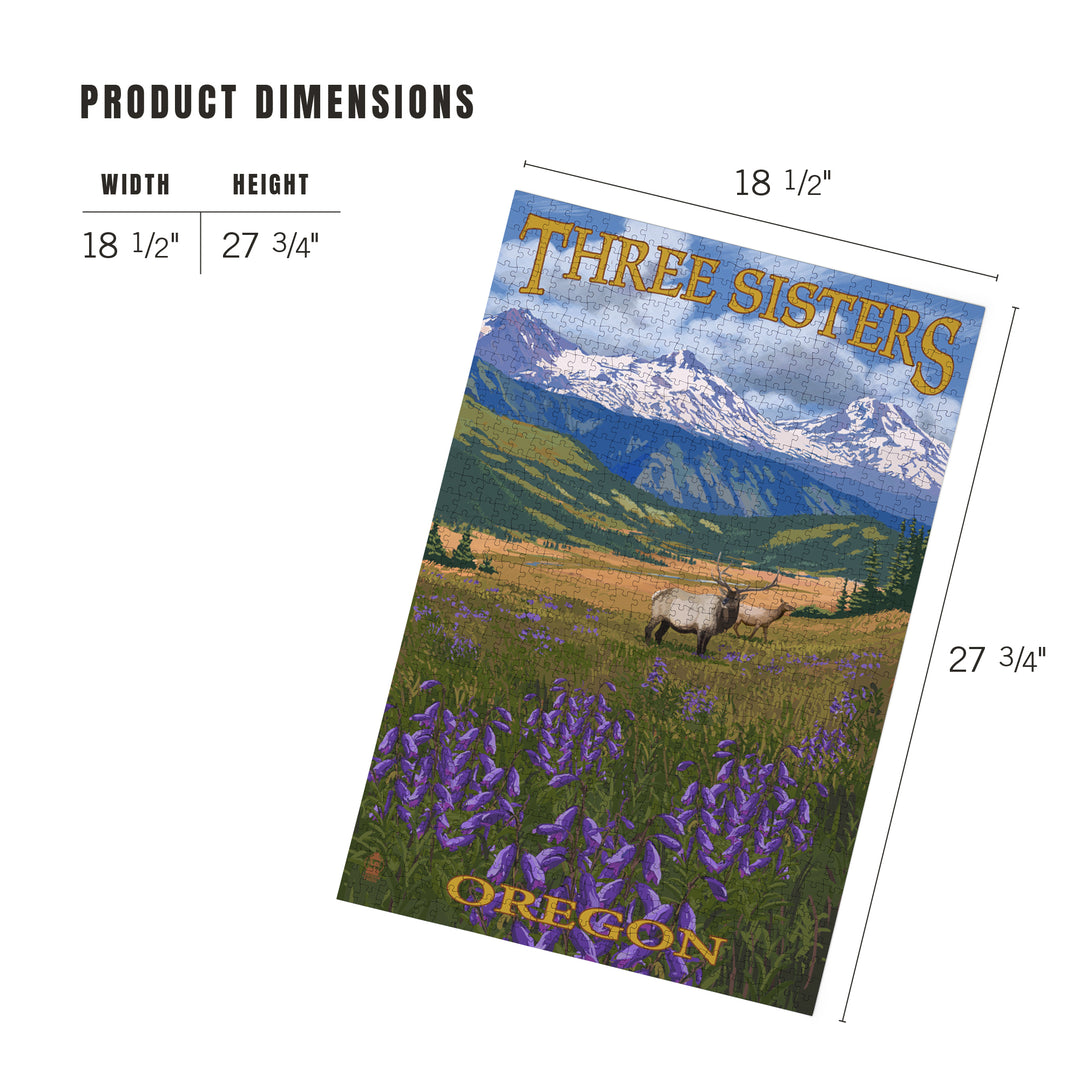Three Sisters, Oregon, Elk and Flowers, Jigsaw Puzzle Puzzle Lantern Press 