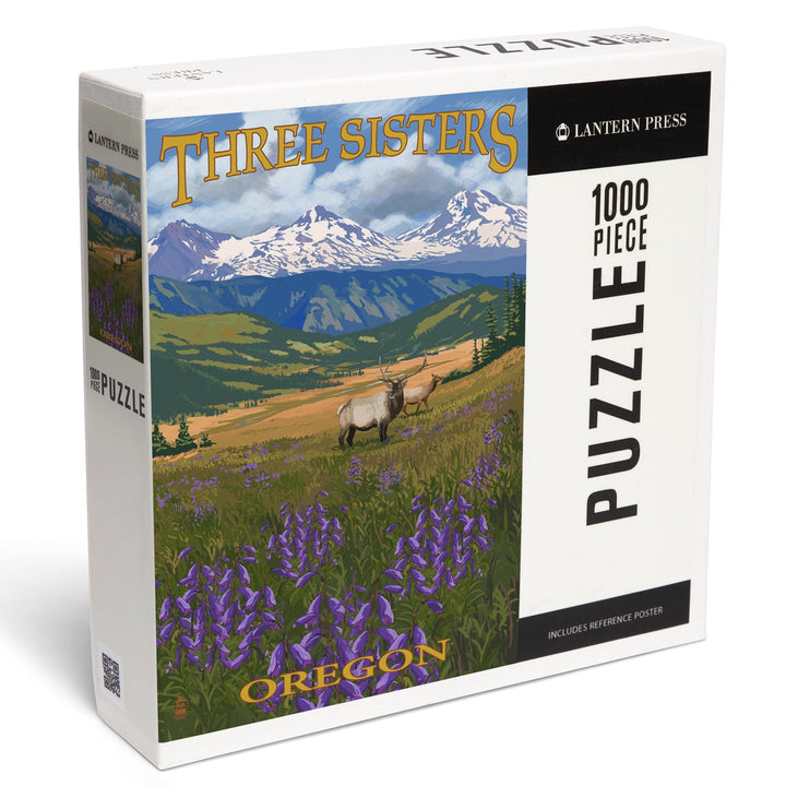 Three Sisters, Oregon, Elk and Flowers, Jigsaw Puzzle Puzzle Lantern Press 