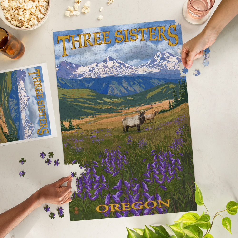 Three Sisters, Oregon, Elk and Flowers, Jigsaw Puzzle Puzzle Lantern Press 