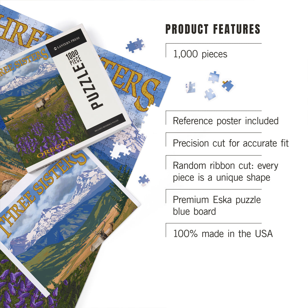 Three Sisters, Oregon, Elk and Flowers, Jigsaw Puzzle Puzzle Lantern Press 
