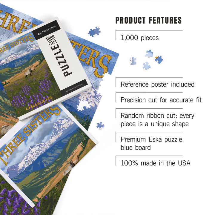 Three Sisters, Oregon, Elk and Flowers, Jigsaw Puzzle Puzzle Lantern Press 