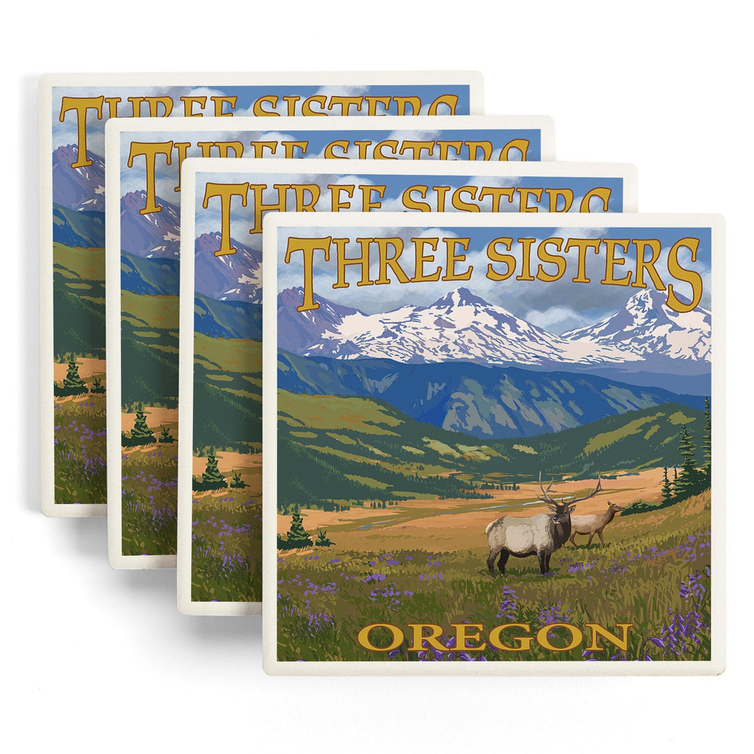 Three Sisters, Oregon, Elk and Flowers, Lantern Press Artwork, Coaster Set Coasters Lantern Press 