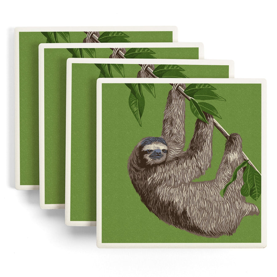 Three Toed Sloth, Letterpress, Lantern Press Artwork, Coaster Set Coasters Lantern Press 