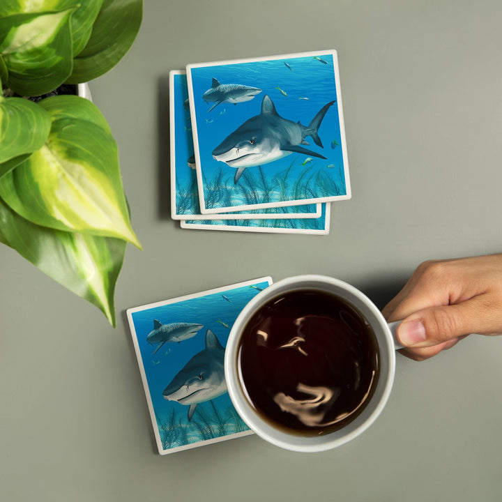 Tiger Shark, Lantern Press Artwork, Coaster Set Coasters Lantern Press 