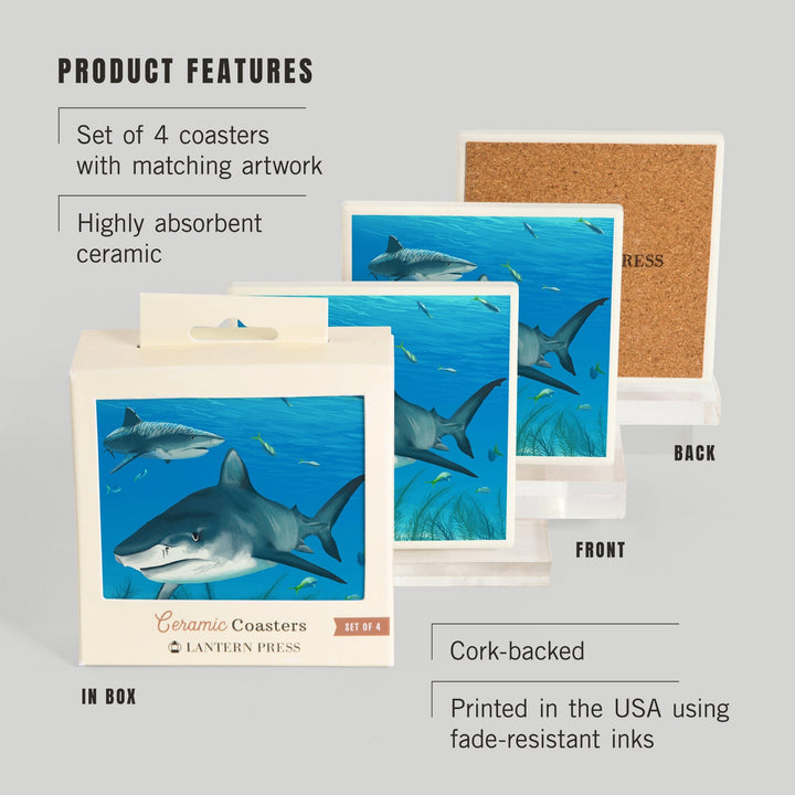 Tiger Shark, Lantern Press Artwork, Coaster Set Coasters Lantern Press 