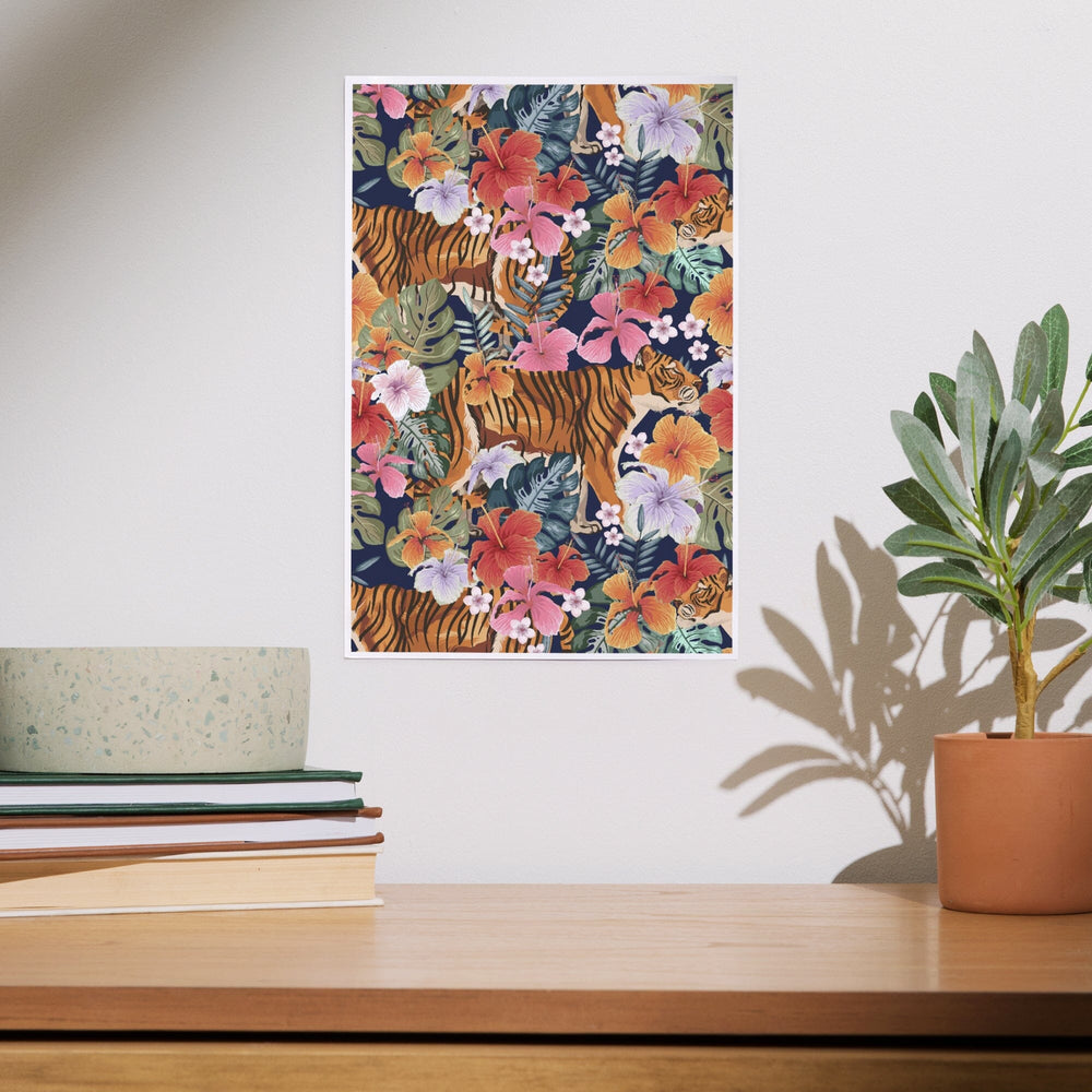 Tigers and Flowers, Seamless Vector Pattern, Art & Giclee Prints Art Lantern Press 