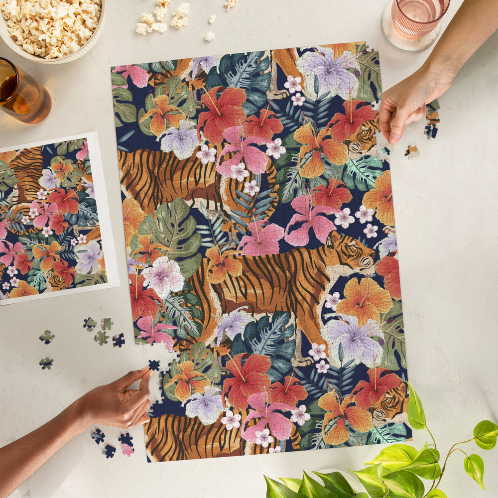 Tigers and Flowers, Seamless Vector Pattern, Jigsaw Puzzle Puzzle Lantern Press 