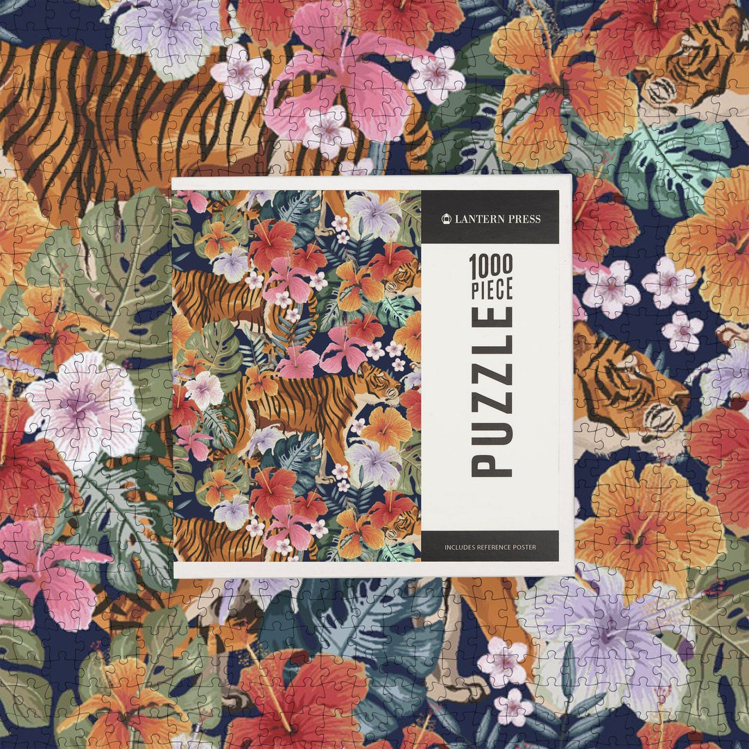 Tigers and Flowers, Seamless Vector Pattern, Jigsaw Puzzle Puzzle Lantern Press 