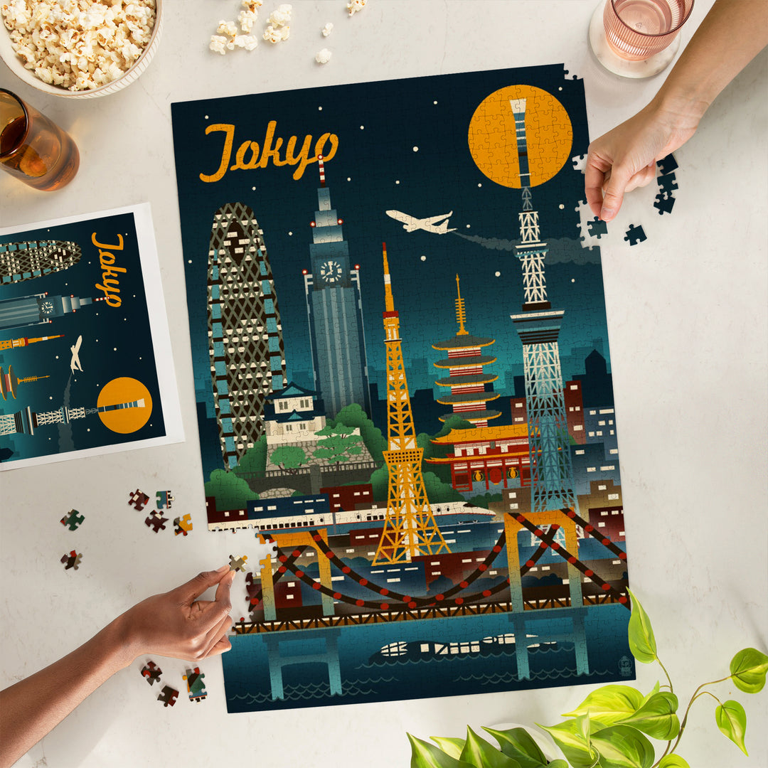 Tokyo, Japan, Retro Skyline, Jigsaw Puzzle Puzzle Lantern Press 