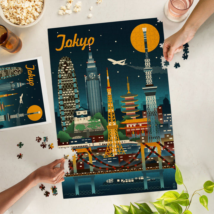 Tokyo, Japan, Retro Skyline, Jigsaw Puzzle Puzzle Lantern Press 
